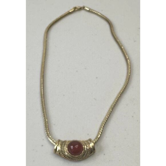 Signed ROMAN Vtg Carnelian Red Goldtone Slide Choker Necklace UNTARNISHED Clean - Picture 2 of 9